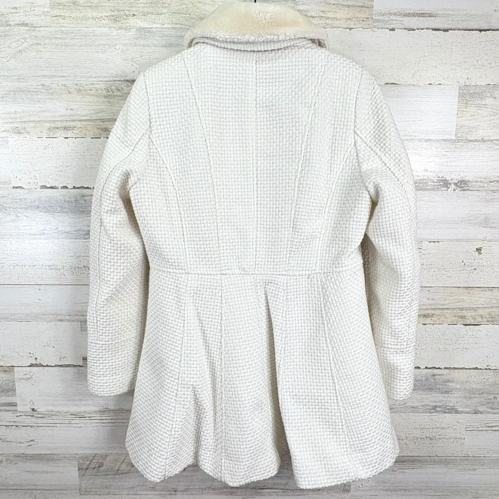 Kensie Womens Pea Coat Faux Fur Removable Collar White Peplum Waffle Knit Size L